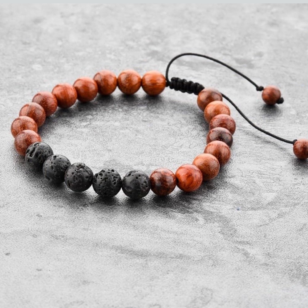 Adjustable Lava Rock & Dark Wood Beaded Stone Bracelet Essential Oil Diffuser